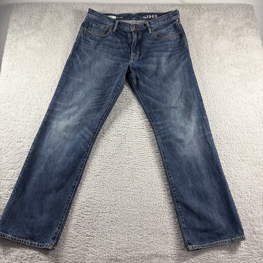 Gap Jeans Mens 34x32 (Fits 35 x 30) Dark Wash 1969 Straight Fade Whiskering